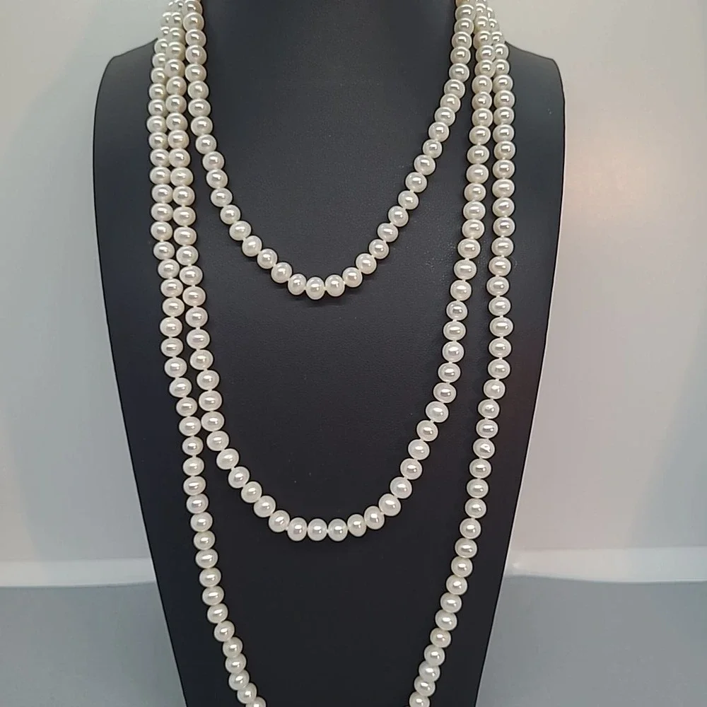Vintage Freshwater Pearl Necklace 62 Inch 14K Gold Clasp White Rope Strand
